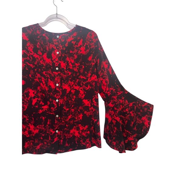 Olivia & Grace Red & Black Abstract Flowy Bell Flounce Sleeve Top Size L NWT - Picture 3 of 5